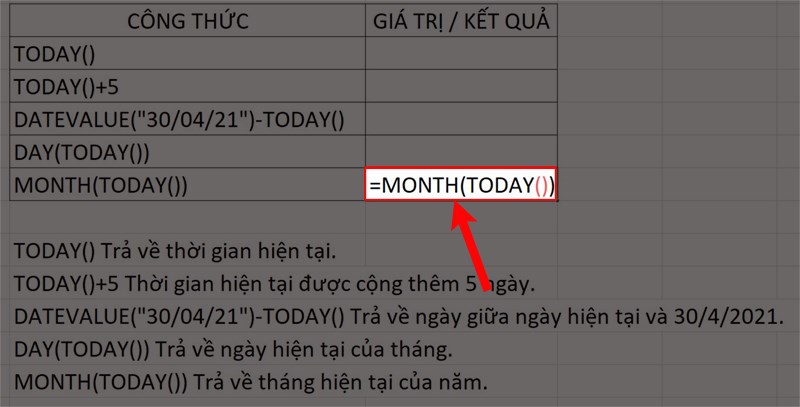 Nhập =MONTH(TODAY()) vào ô dữ liệu cần nhập.